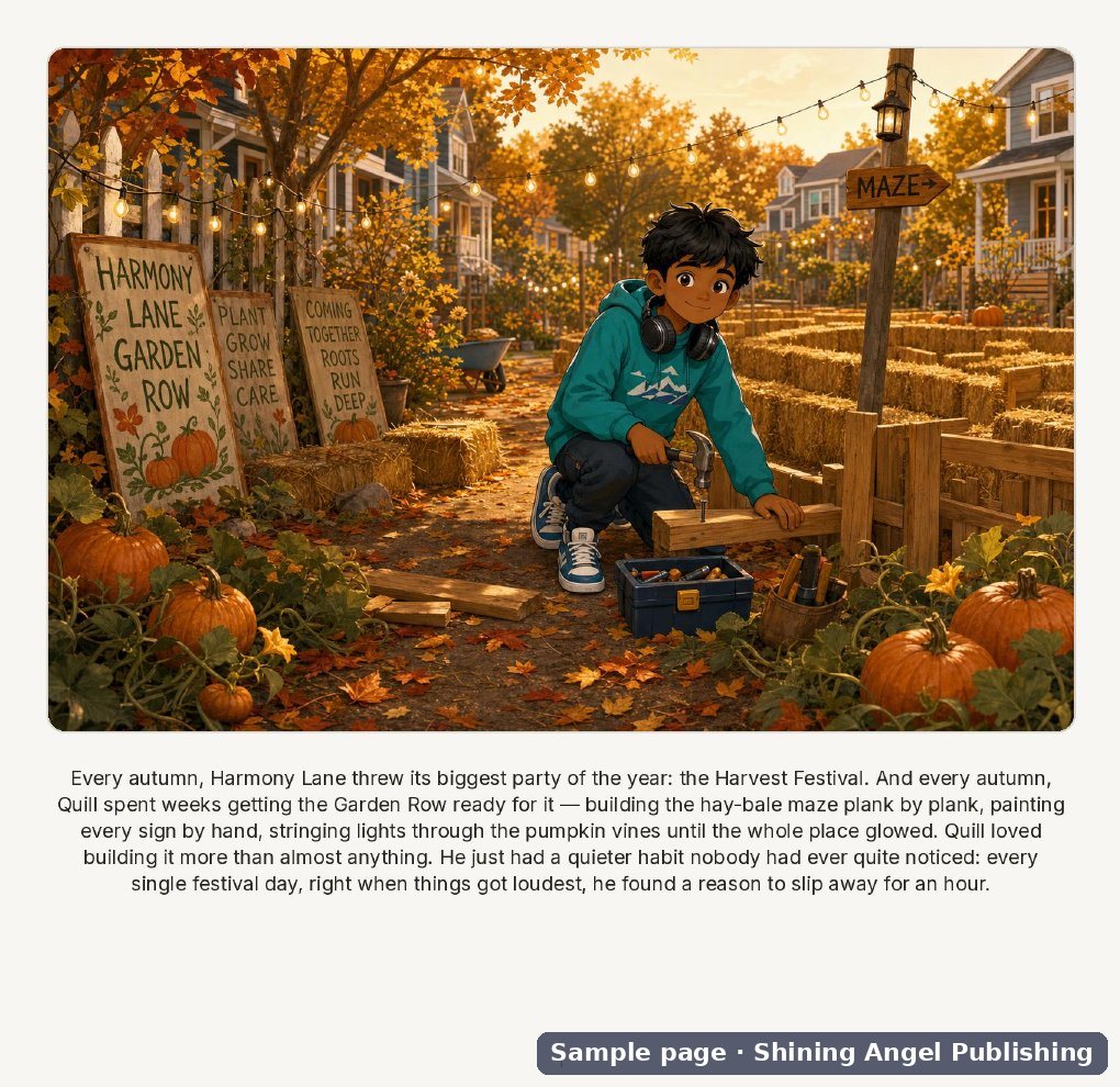 Sample page from Quill's Harvest Hush, a Tales of Harmony Lane picture book